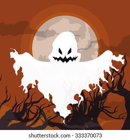 Flying ghost in a terror scene on spooky forest.