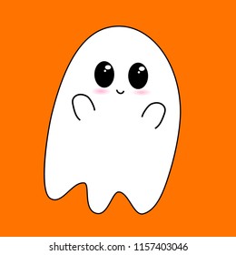 Flying Ghost wishes a happy Halloween. Scary white ghost. Cute little flying Ghost . Smiling face, hands. Orange greeting card background. Flat design. Vector illustration
