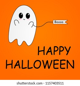 Flying Ghost wishes a happy Halloween. Scary white ghost. Cute little flying Ghost . Smiling face, hands. Orange greeting card background. Flat design. Vector illustration
