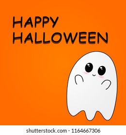 Flying Ghost wishes a happy Halloween. Scary white ghosts. Cute little flying Ghost . Smiling face, hands. Orange greeting card background. Flat design. Vector illustration