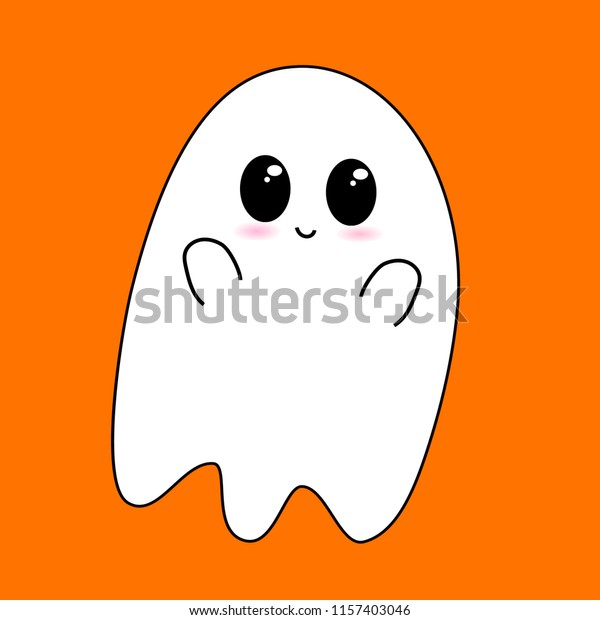 空飛ぶ幽霊はハロウィーンの幸せを願う 怖い白い幽霊 かわいい小さな飛ぶ幽霊 笑顔 手 オレンジのグリーティングカードの背景 フラットデザイン ベクターイラスト のベクター画像素材 ロイヤリティフリー