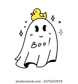 A flying ghost  with a yellow duck. A ghost under a white sheet. Cute cartoon character. The face on the fabric. Halloween holiday. Fashionable vector illustration.