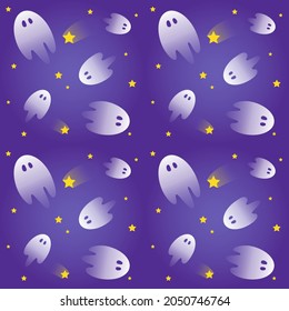 Flying ghosts in the dark blue night sky with bright yellow stars. Halloween print. Seamless pattern, vector illustration
