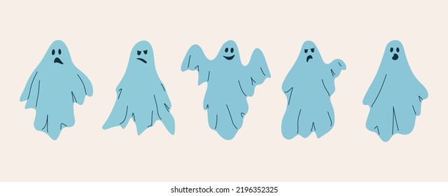 Flying ghosts. Halloween doodle spooky ghostly monsters with funny faces. Cute abstract cartoon characters. Holiday vector flat set