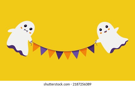 Flying ghosts hold holiday flags. Yellow Halloween banner with bunting flags and spirits