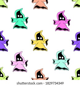 Flying ghosts in hoods. Seamless vector pattern. Magic background for Halloween.

