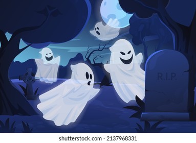 Flying ghosts at night graveyard vector flat illustration. Smiling and creepy illuminated white poltergeists floating at cemetery surrounded by gravestones moon darkness. Scary danger Halloween scene