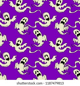 Flying ghosts vector Halloween seamless pattern. Design background for party poster. Hand drawn cartoon illustration. Objects isolated over purple.
