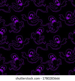 Flying ghosts vector Halloween seamless pattern. Design background for party poster. Hand drawn cartoon illustration in black and purple.