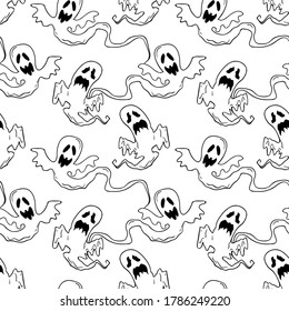 Flying ghosts vector Halloween seamless pattern in black and white. Design background for party poster. Hand drawn cartoon illustration.