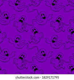 Los fantasmas voladores vectores Halloween patrón sin fisuras. Fondo de diseño para el afiche de la fiesta. Dibujo manual de dibujos animados en negro y morado.