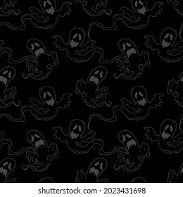 Flying ghosts vector Halloween seamless pattern. Design background for party poster. Hand drawn cartoon illustration in dark grey over black.