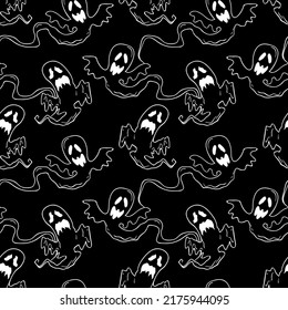 Flying ghosts vector Halloween seamless pattern in black and white. Design background for party poster. Hand drawn cartoon illustration.