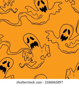 Flying ghosts vector Halloween seamless pattern. Design background for party poster. Hand drawn cartoon illustration in black and orange.