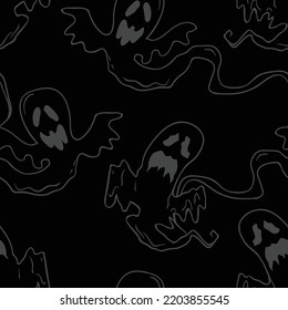 Flying ghosts vector Halloween seamless pattern. Design background for party poster. Hand drawn cartoon illustration in dark grey over black.