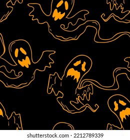 Flying ghosts vector Halloween seamless pattern. Design background for party poster. Hand drawn cartoon illustration in black and orange.