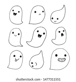 Flying ghosts vector icon set. Halloween scary ghostly monsters. 