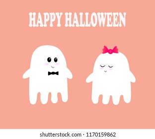 Flying ghosts wish you a happy Halloween.Ghosts of girls and boys are cute. Scary White Ghost. Cute little flying ghosts . Smiling face, hands. Pink greeting card background. Flat design. Vector illus