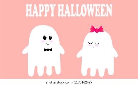 Flying ghosts wish you a happy Halloween.Ghosts of girls and boys are cute. Scary White Ghost. Cute little flying ghosts . Smiling face, hands. Pink greeting card background. Flat design. Vector illus