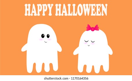 Flying ghosts wish you a happy Halloween.Ghosts of girls and boys are cute. Scary White Ghost. Cute little flying ghosts . Smiling face, hands. Orange greeting card background. Flat design. Vector ill