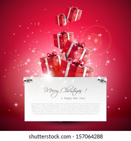 Flying gift boxes and paper with place for text - Christmas background