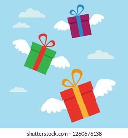 Flying gifts with wings in the sky. Vector illustration