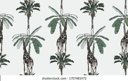 Flying Giraffe on Palms, Vertical Tropical Trees with Wildlife Safari Animals, Seamless Pattern Nursery Design