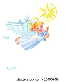 Flying girl with angel wings and a Christmas star