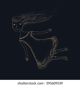 Flying girl from gold dust. Gold glitter design.
