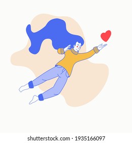 Flying girl heart in her hands. Vector hand drawn illustration in flat style