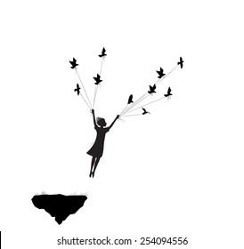  flying girl and holding pigeons, fly in the dream, shadows, black and white, silhouette.