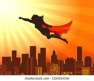 Flying Girl Superhero. Sup Hero Woman Silhouette Over City Roofs, Red Cape Vector Comic Super Justice Concept