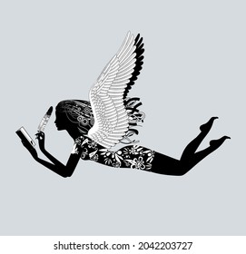 Flying girl with wings and flowing hair with a book and a feather in her hands. Black and white decorative vector illustration in flat style