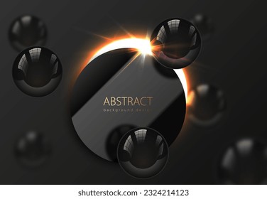Flying glossy black pearl sphere, blur on dark background. Flat cut black disk frame sun eclipse glow light effect. Luxury vector abstract delicate background for science business advertisement