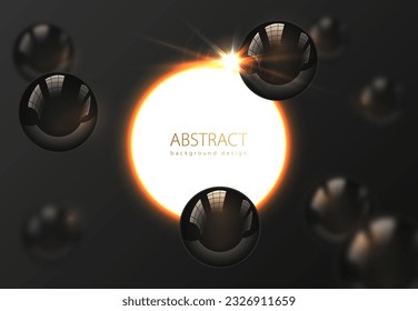 Flying glossy black pearl sphere, blur on dark background. White sun disk glow frame lens flare light effect. Luxury vector abstract delicate background for science business advertisement