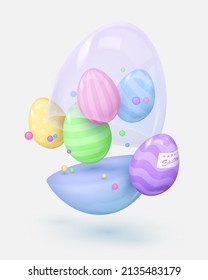 Flying glossy blue egg with glass dome and colored mini eggs with dotes and stripes. Happy Easter poster. Vector illustration for card, party, design, flyer, banner, web, advertising.