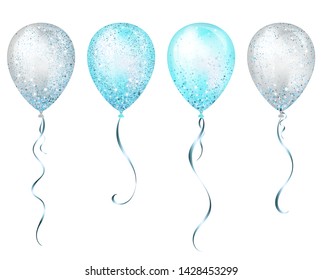 Flying glossy blue shiny realistic 3D helium balloons with gold ribbon and glitter sparkles, perfect decoration for birthday party brochures, invitation card or baby shower.