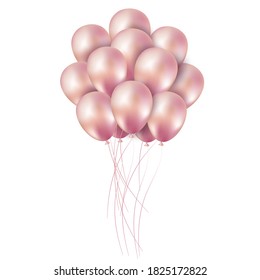 Flying glossy pink shiny realistic 3D helium balloons with gold ribbon and glitter sparkles, perfect decoration for birthday party.