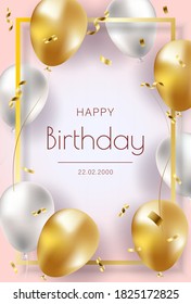Flying glossy pink shiny realistic 3D helium balloons with gold ribbon and glitter sparkles, perfect decoration for birthday party.