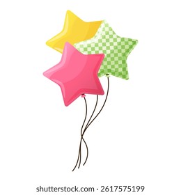 Flying glossy star-shaped helium balloons in cartoon style. Colorful air inflatable baloons decoration with checkered pattern. Vector elements for party, birthday, circus, celebration kid holiday