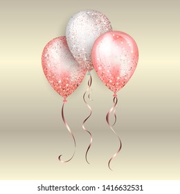 Flying glossy white and pink shiny realistic 3D helium balloons with gold ribbon and glitter sparkles, perfect decoration for birthday party brochures, invitation card or baby shower.