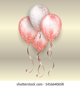Flying glossy white and pink shiny realistic 3D helium balloons with gold ribbon and glitter sparkles, perfect decoration for birthday party brochures, invitation card or baby shower.