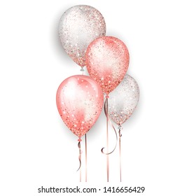 Flying glossy white and pink shiny realistic 3D helium balloons with gold ribbon and glitter sparkles, perfect decoration for birthday party brochures, invitation card or baby shower.