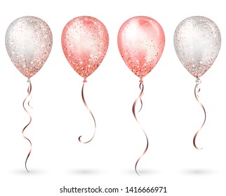 Flying glossy white and pink shiny realistic 3D helium balloons with gold ribbon and glitter sparkles, perfect decoration for birthday party brochures, invitation card or baby shower.