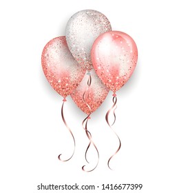 Flying glossy white and pink shiny realistic 3D helium balloons with gold ribbon and glitter sparkles, perfect decoration for birthday party brochures, invitation card or baby shower.