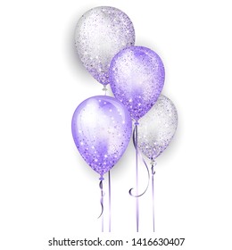 Flying glossy white and purple shiny realistic 3D helium balloons with gold ribbon and glitter sparkles, perfect decoration for birthday party brochures, invitation card or baby shower.