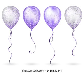 Flying glossy white and purple shiny realistic 3D helium balloons with gold ribbon and glitter sparkles, perfect decoration for birthday party brochures, invitation card or baby shower.
