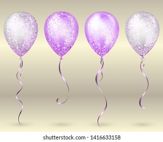 Flying glossy white and purple shiny realistic 3D helium balloons with gold ribbon and glitter sparkles, perfect decoration for birthday party brochures, invitation card or baby shower.