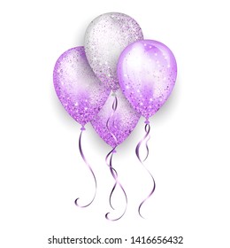 Flying glossy white and purple shiny realistic 3D helium balloons with gold ribbon and glitter sparkles, perfect decoration for birthday party brochures, invitation card or baby shower.