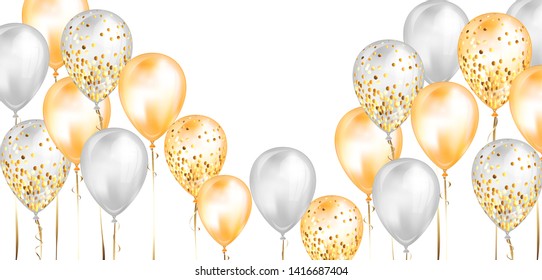 Flying glossy white and yellow shiny realistic 3D helium balloons with gold ribbon and glitter sparkles, perfect decoration for birthday party brochures, invitation card or baby shower.